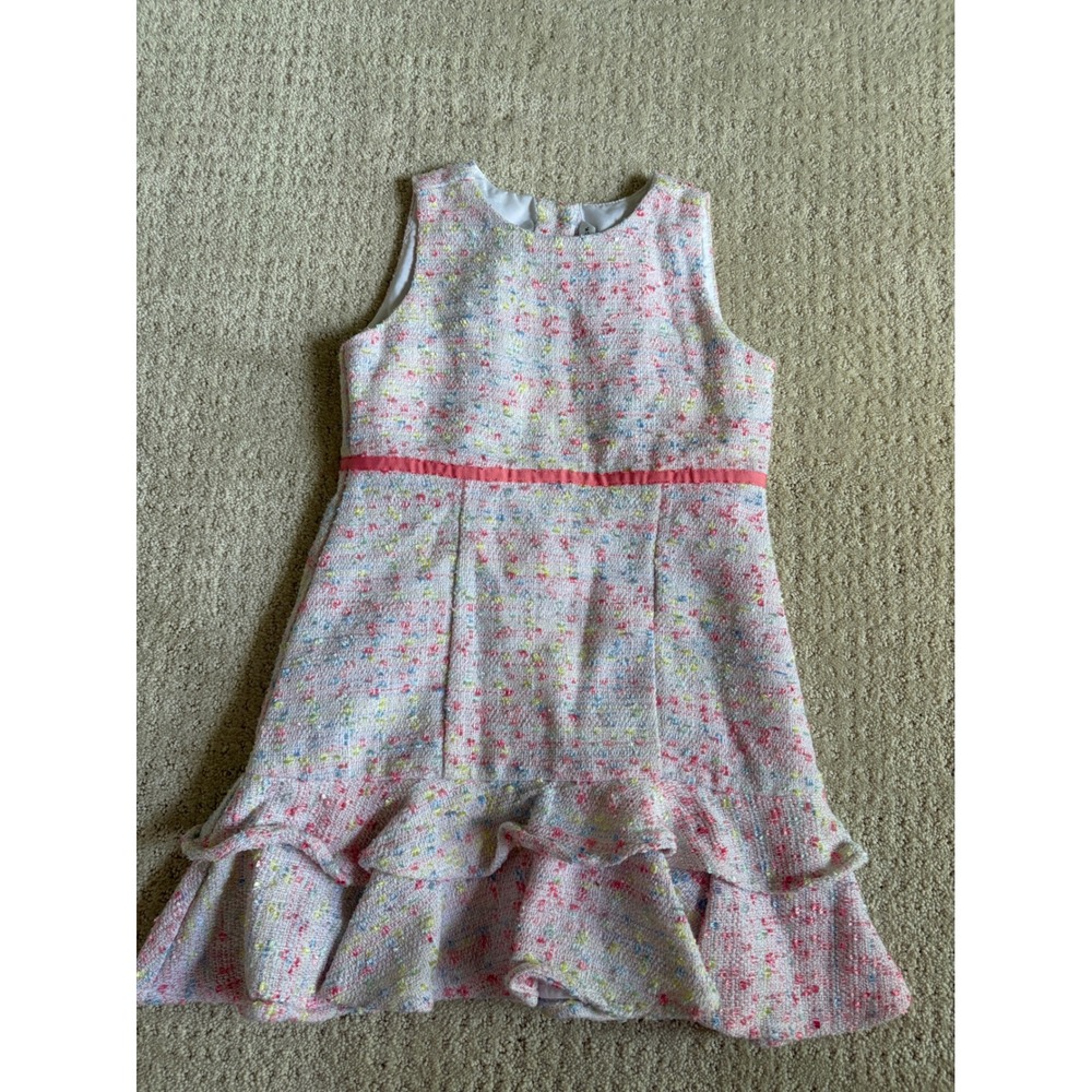 Janie and Jack Girls Pink Multi Tweed Ruffle Hem Party Dress Size 4 Sleeveless